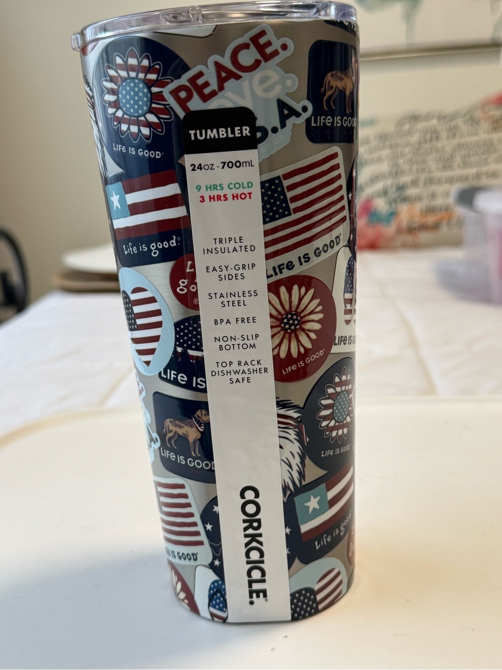 NWT- Corkcicle Life Is Good 24 ounce USA patriotic, insulated Tumbler.
